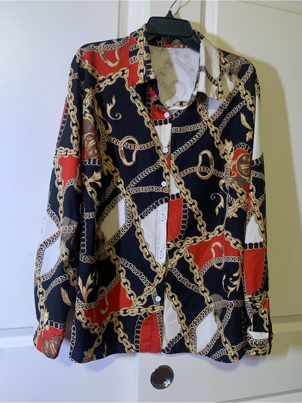 Chain-Print Long-Sleeve Shirt Dress - Black/Red
